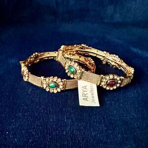 NEW Set of 2 Bangles Gold Plated Red Green Stone Bracelets